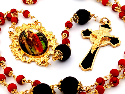 Jesus the Good Shepard unique rosary beads gemstone rosary beads with gold and enamel Saint Benedict crucifix and large onyx beads.