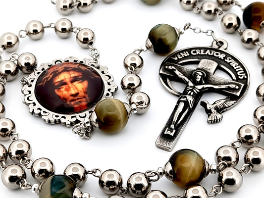 Holy Face of Jesus unique rosary beads stainless steel and tigers eye gemstone rosary beads with large stainless steel Holy Spirit crucifix