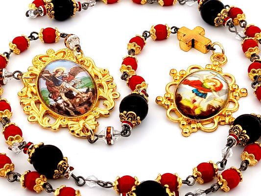 Saint Michael unique rosary beads onyx gemstone and glass prayer chaplet with large gold plated Saint Michael medal.