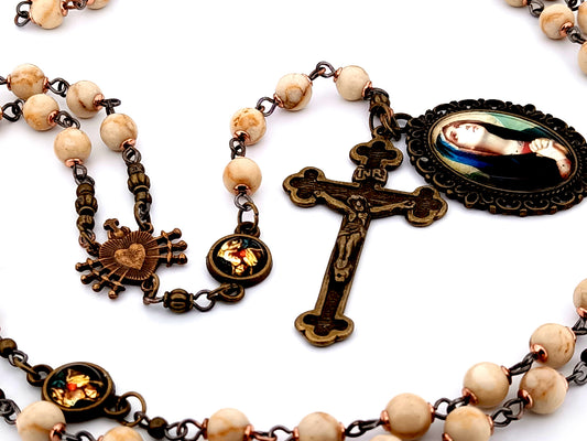 Antique style Our Lady of Sorrows unique rosary beads Servite dolor gemstone prayer chaplet beads with brass crucifix.