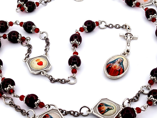 The Five Holy wound of Jesus Christ unique rosary beads garnet gemstone prayer chaplet with Our Lady of Sorrows linking medals.