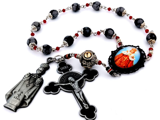 Infant of Prague unique rosary beads gemstone prayer chaplet with black enamel Saint Benedict crucifix and Infant of Prague medal.