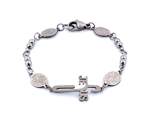 Miraculous medal unique rosary beads and stainless steel bead religious bracelet with stainless steel Jesus linking cross.
