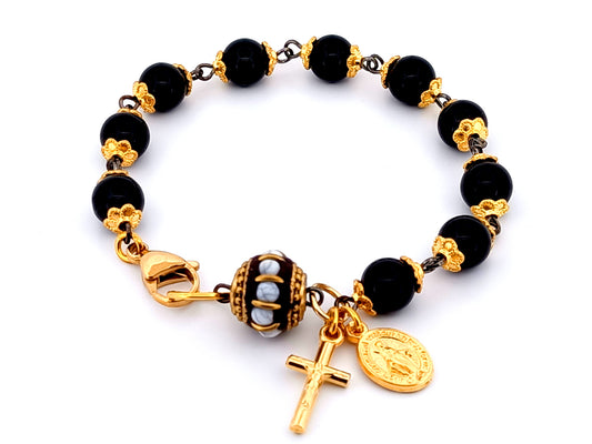 Miraculous medal unique rosary beads black and gold onyx gemstone single decade rosary bead bracelet.