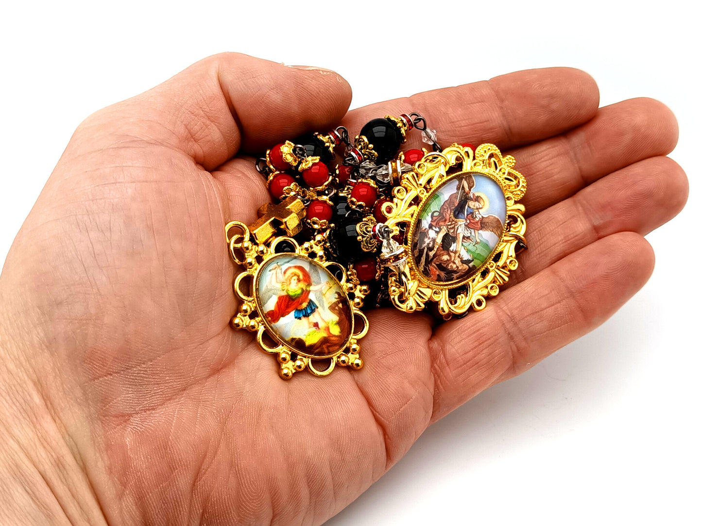 Saint Michael unique rosary beads onyx gemstone and glass prayer chaplet with large gold plated Saint Michael medal.