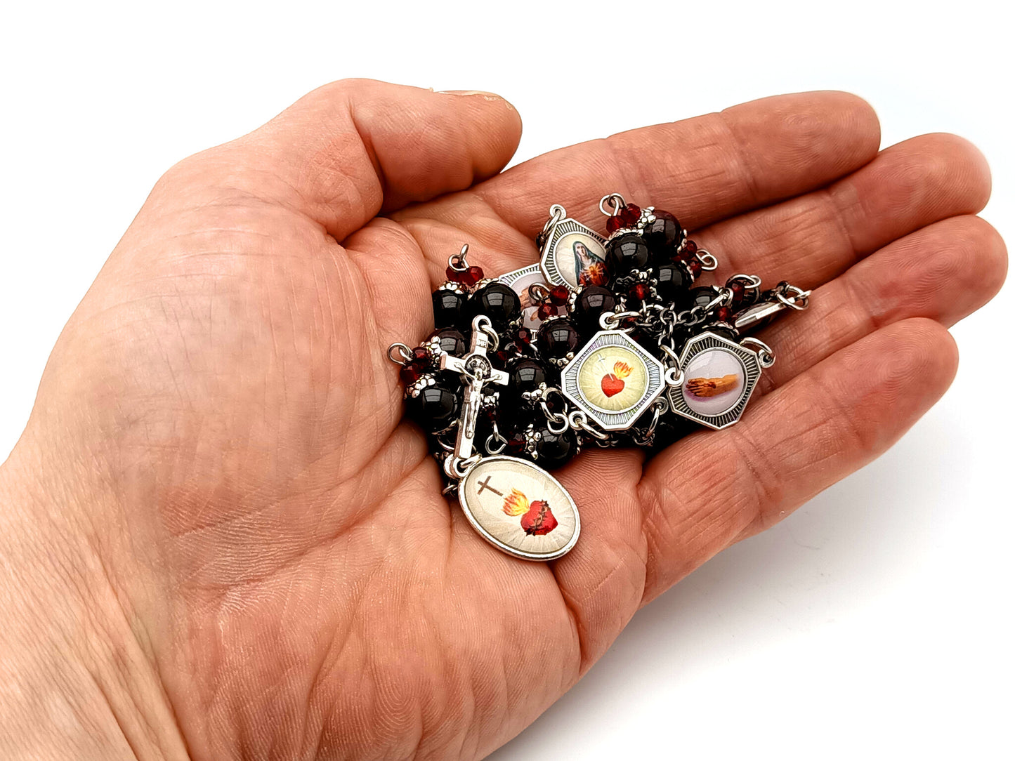 The Five Holy wound of Jesus Christ unique rosary beads garnet gemstone prayer chaplet with Our Lady of Sorrows linking medals.
