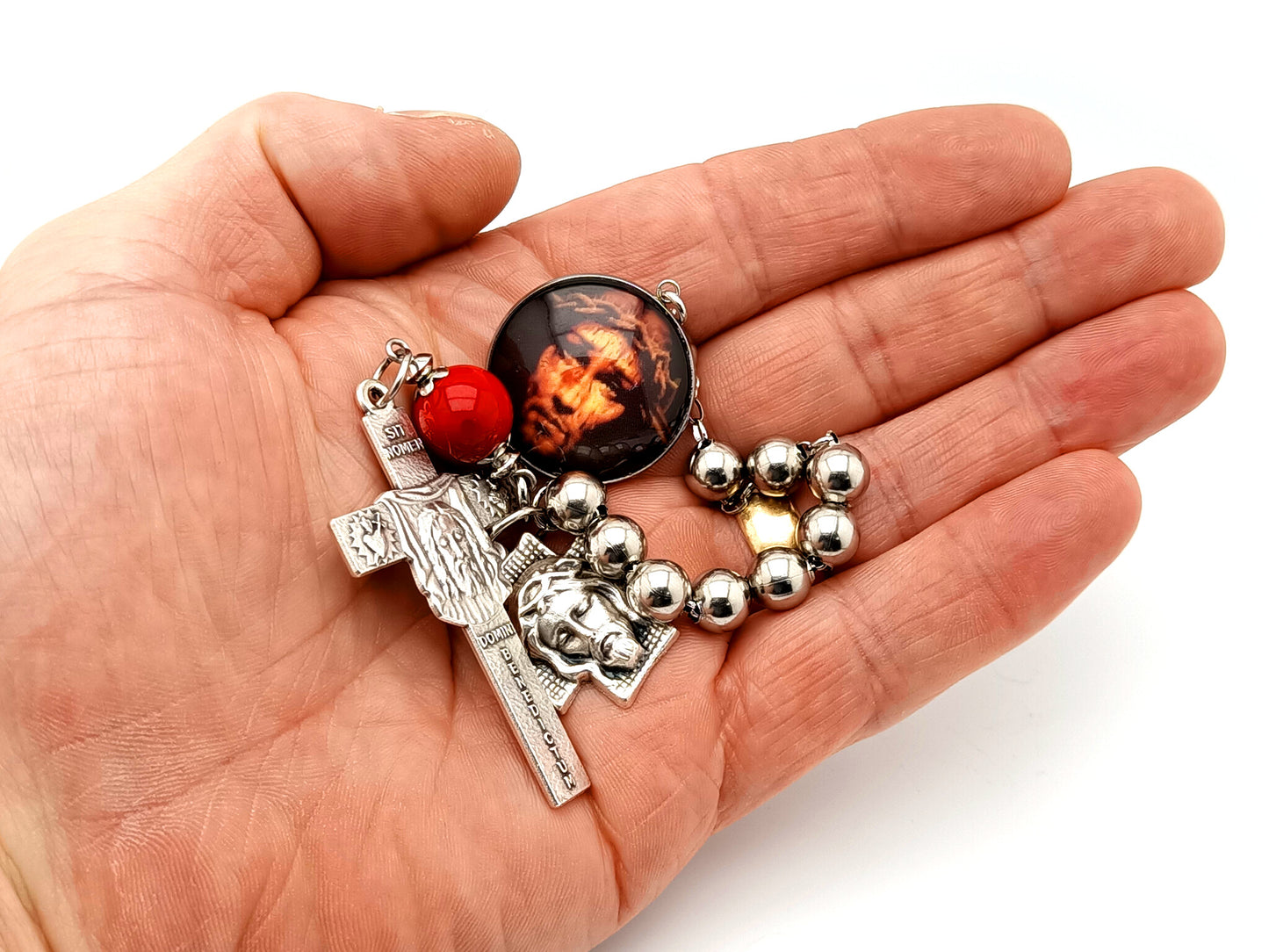 The Holy Face of Jesus unique rosary beads gemstone and stainless steel single decade rosary beads with silver Holy Face crucifix.