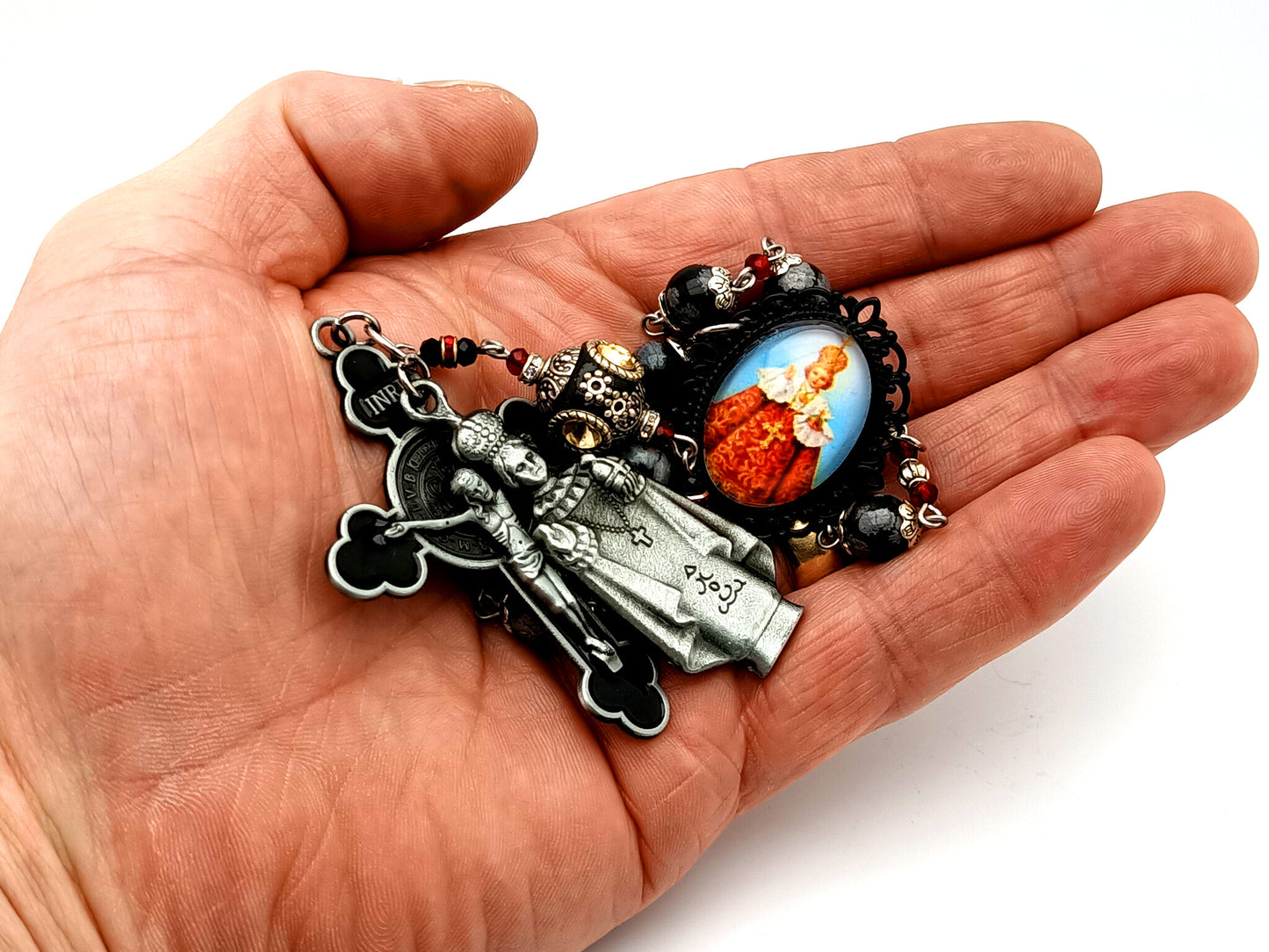 Infant of Prague unique rosary beads gemstone prayer chaplet with black enamel Saint Benedict crucifix and Infant of Prague medal.