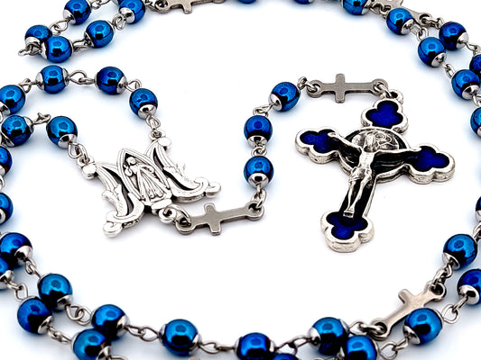 Divine Mercy unique rosary beads gemstone rosary beads with rose enamel crucifix and stainless steel linking crosses.