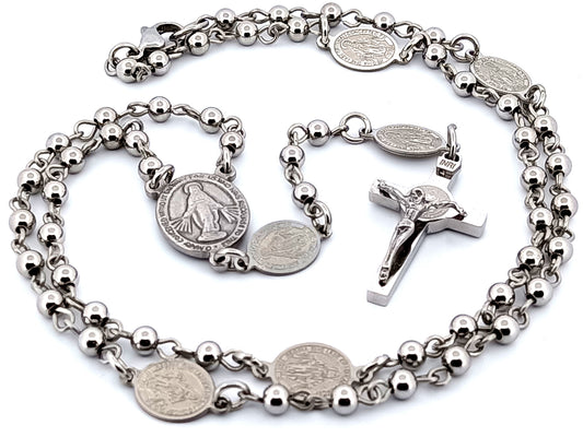 Miniature Miraculous unique rosary beads medal stainless steel wearable rosary bead necklace with stainless steel Saint Benedict crucifix.