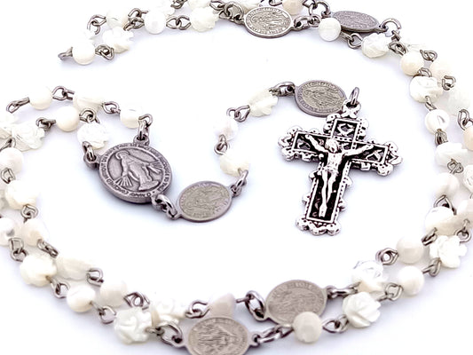 Miraculous medal unique rosary beads carved mother of pearl rosary beads with linking stainless steel Miraculous medals and lattice crucifix.