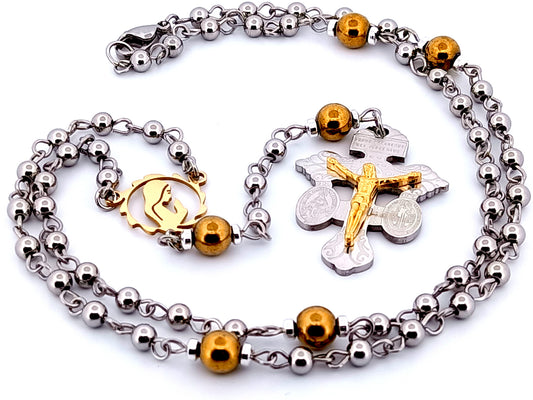 Miniature Virgin Mary unique rosary beads stainless steel wearable rosary bead necklace with stainless steel and gold plated etched pardon crucifix.