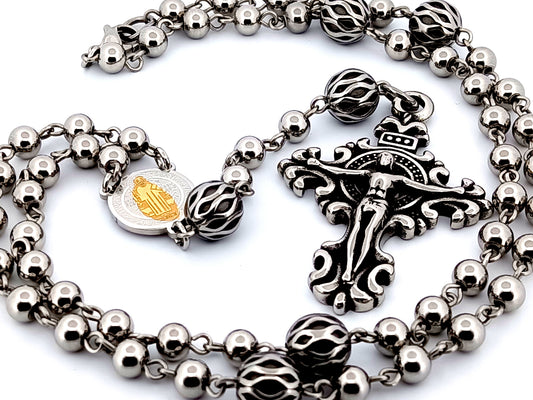 Saint Benedict unique rosary beads stainless steel wearable rosary bead necklace with stainless steel trellis Our Father beads.