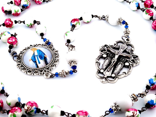 Our Lady of Grace unique rosary beads floral porcelain rosary beads with alabaster gemstones and Angel crucifix.