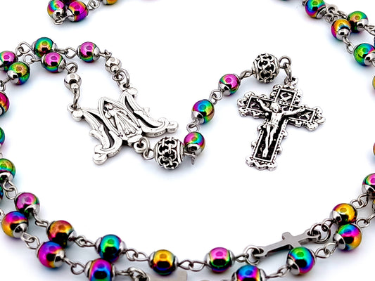 Divine Mercy multi coloured unique rosary beads hematite gemstone rosary beads with lattice crucifix and Our Father beads.