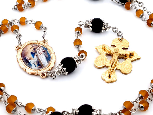 Our Lady of Good Success and Mother Mariana of Jesus unique rosary beads glass rosary beads with onyx gemstones and gold plated stainless steel etched pardon crucifix with Miraculous medal.