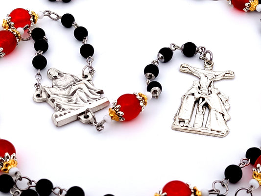Passion of Christ unique rosary beads ruby and onyx gemstone Way of the Cross prayer chaplet with Saint John and Mary crucifix.