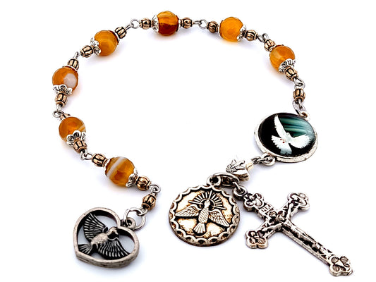 Holy Spirit unique rosary beads faceted agate gemstone prayer chaplet with Holy Trinity crucifix and Holy Spirit medal.