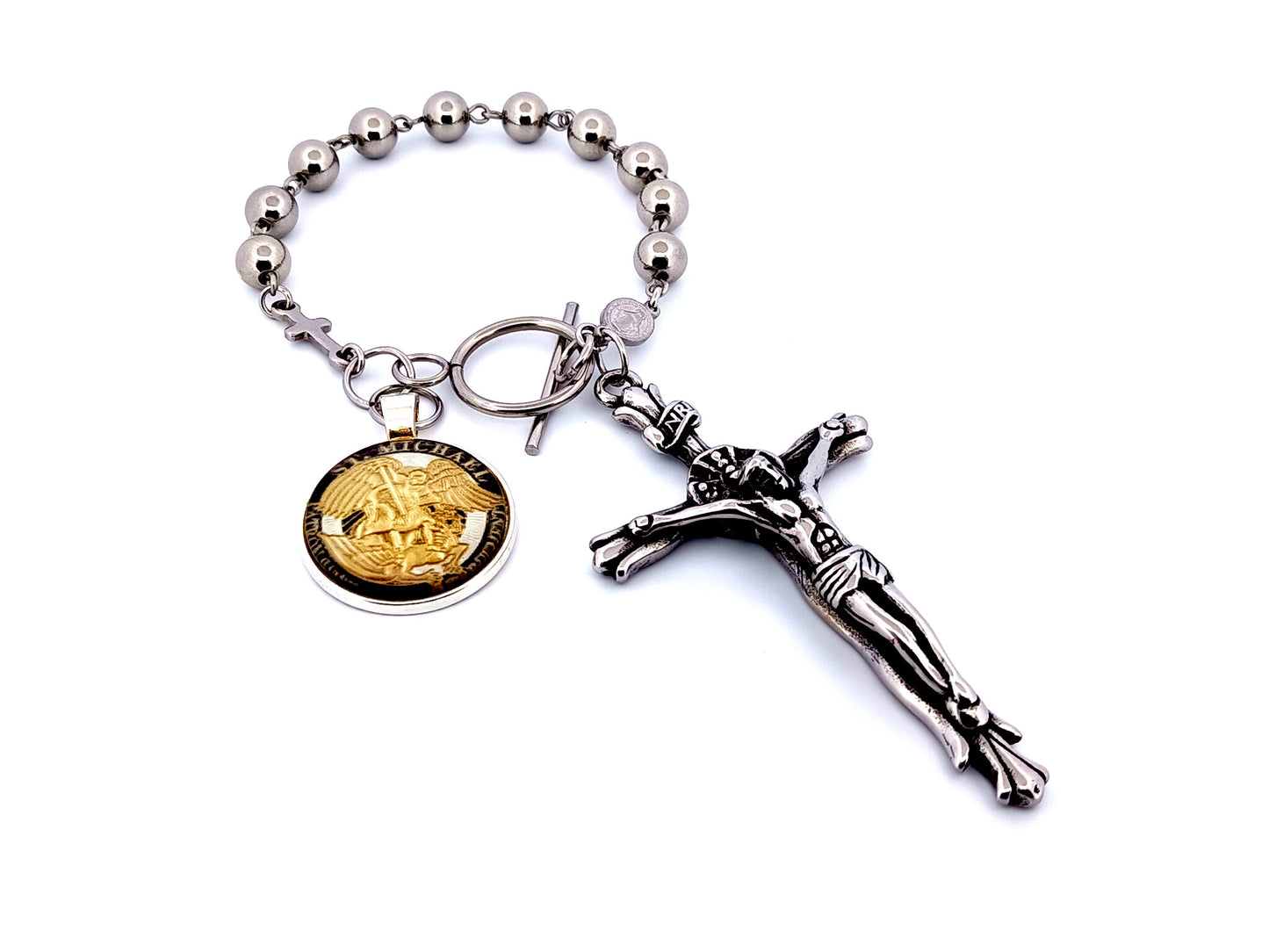 Saint Michael unique rosary beads stainless steel single decade rosary beads with Miraculous medal and large stainless steel crucifix.