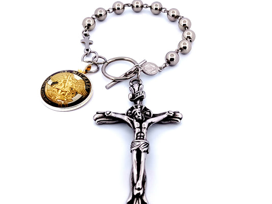 Saint Michael unique rosary beads stainless steel single decade rosary beads with Miraculous medal and large stainless steel crucifix.