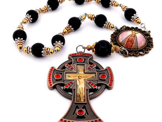 Our Lady of Charity unique rosary beads vintage style onyx gemstone single decade rosary beads with large copper picture crucifix.
