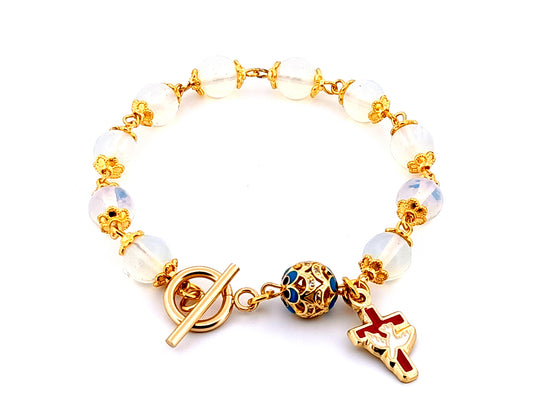 Holy Spirit unique rosary beads opal gemstone single decade rosary bead bracelet with gold plated crystal Our Father bead.
