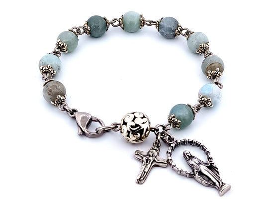 Our Lady of Grace unique rosary beads aquamarine gemstone single decade rosary bracelet with Our Lady of Sorrows crucifix and Tibetan silver Our Father bead.