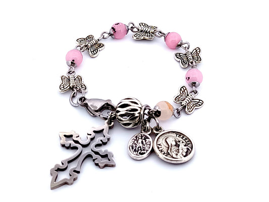 Saint Therese of Lisieux unique rosary beads and Saint Michael rose quart and butterfly single decade rosary bracelet.