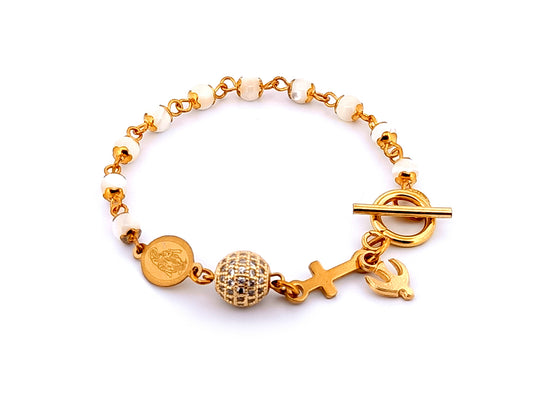 Mother of pearl unique rosary beads single decade rosary bead bracelet with gold plated Miraculous medal and Holy Spirit medal.