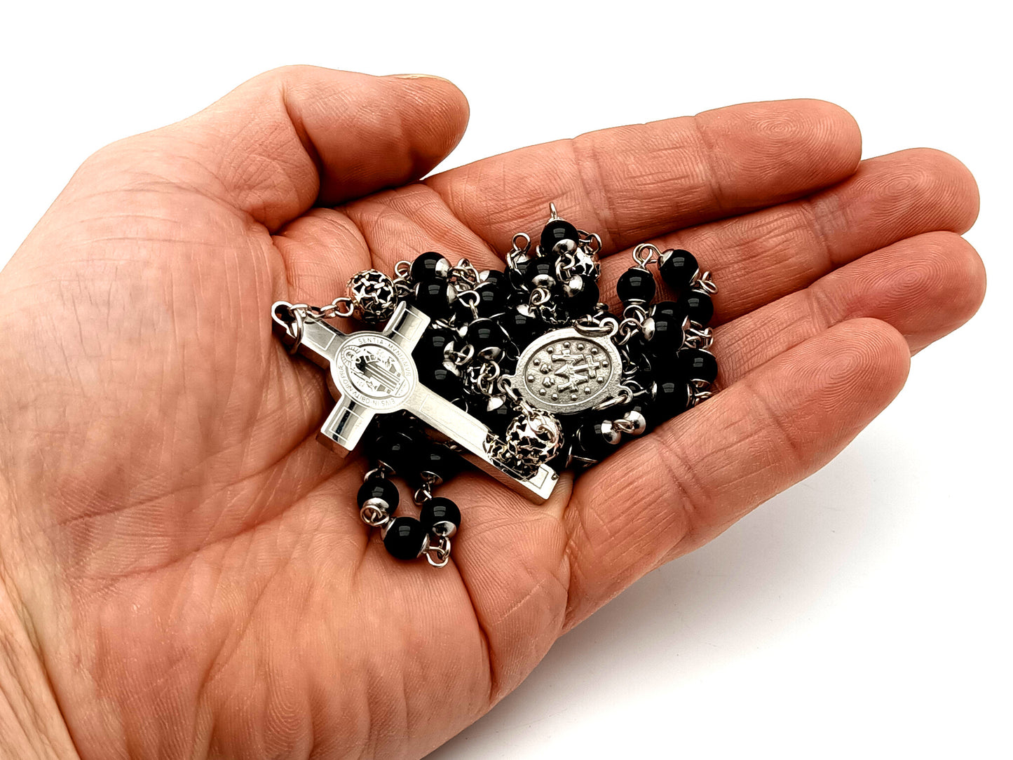 Miraculous medal unique rosary beads onyx gemstone rosary beads with stainless steel Saint Benedict box design crucifix.