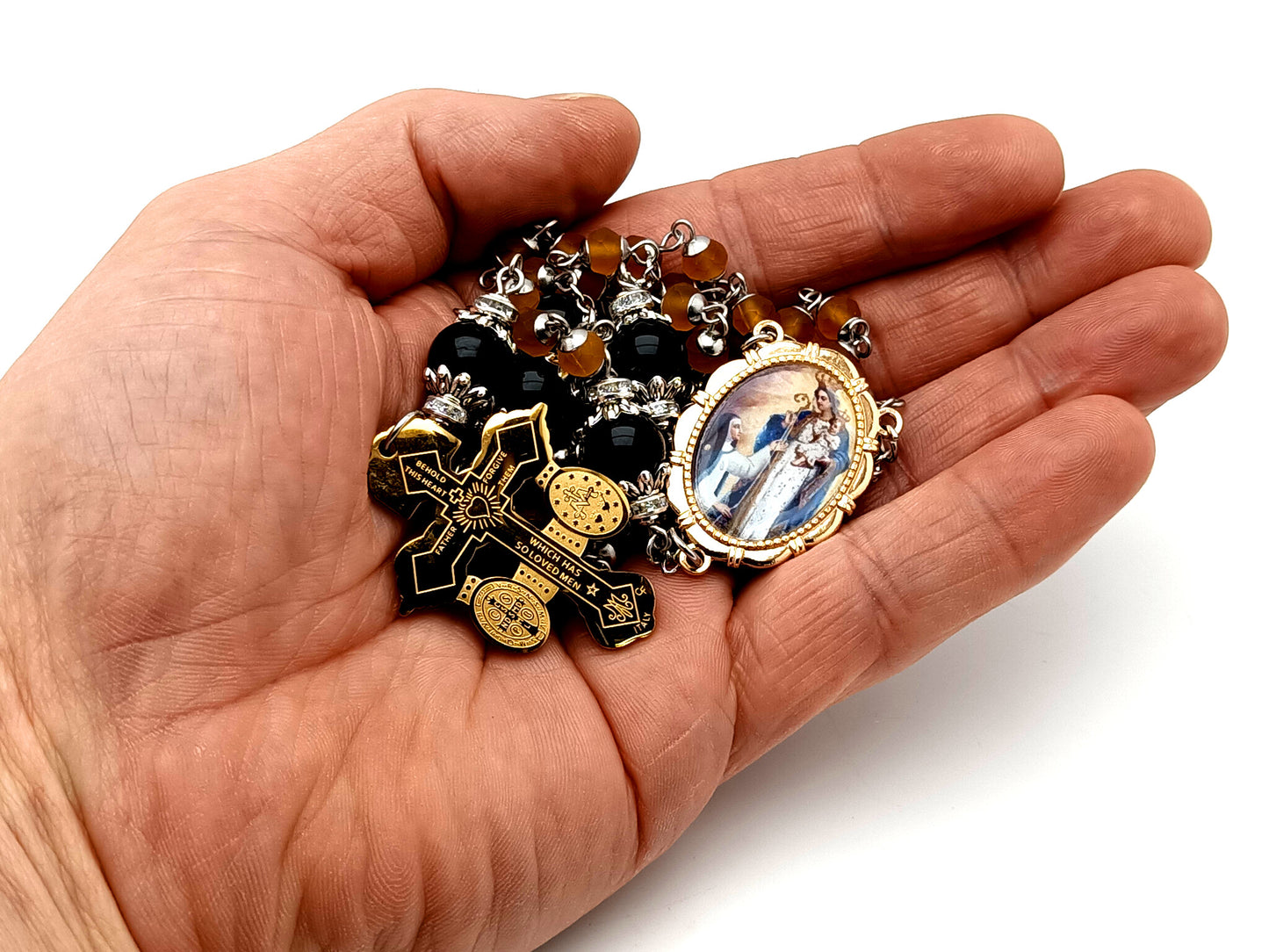 Our Lady of Good Success and Mother Mariana of Jesus unique rosary beads glass rosary beads with onyx gemstones and gold plated stainless steel etched pardon crucifix with Miraculous medal.