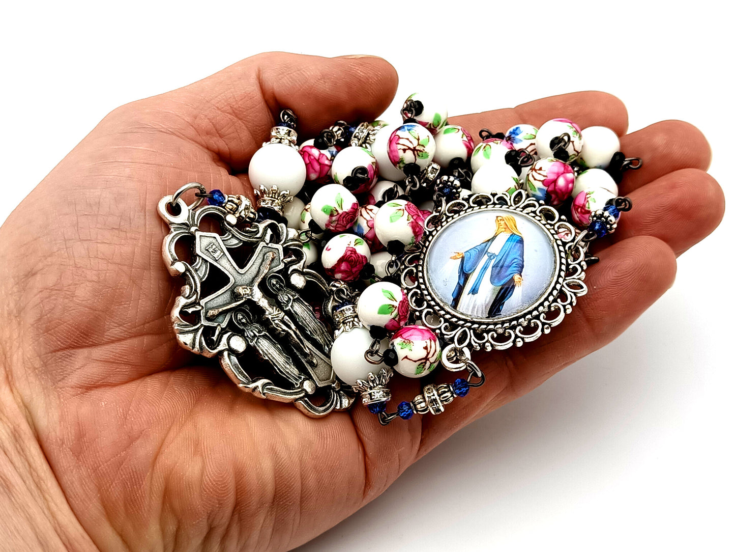 Our Lady of Grace unique rosary beads floral porcelain rosary beads with alabaster gemstones and Angel crucifix.