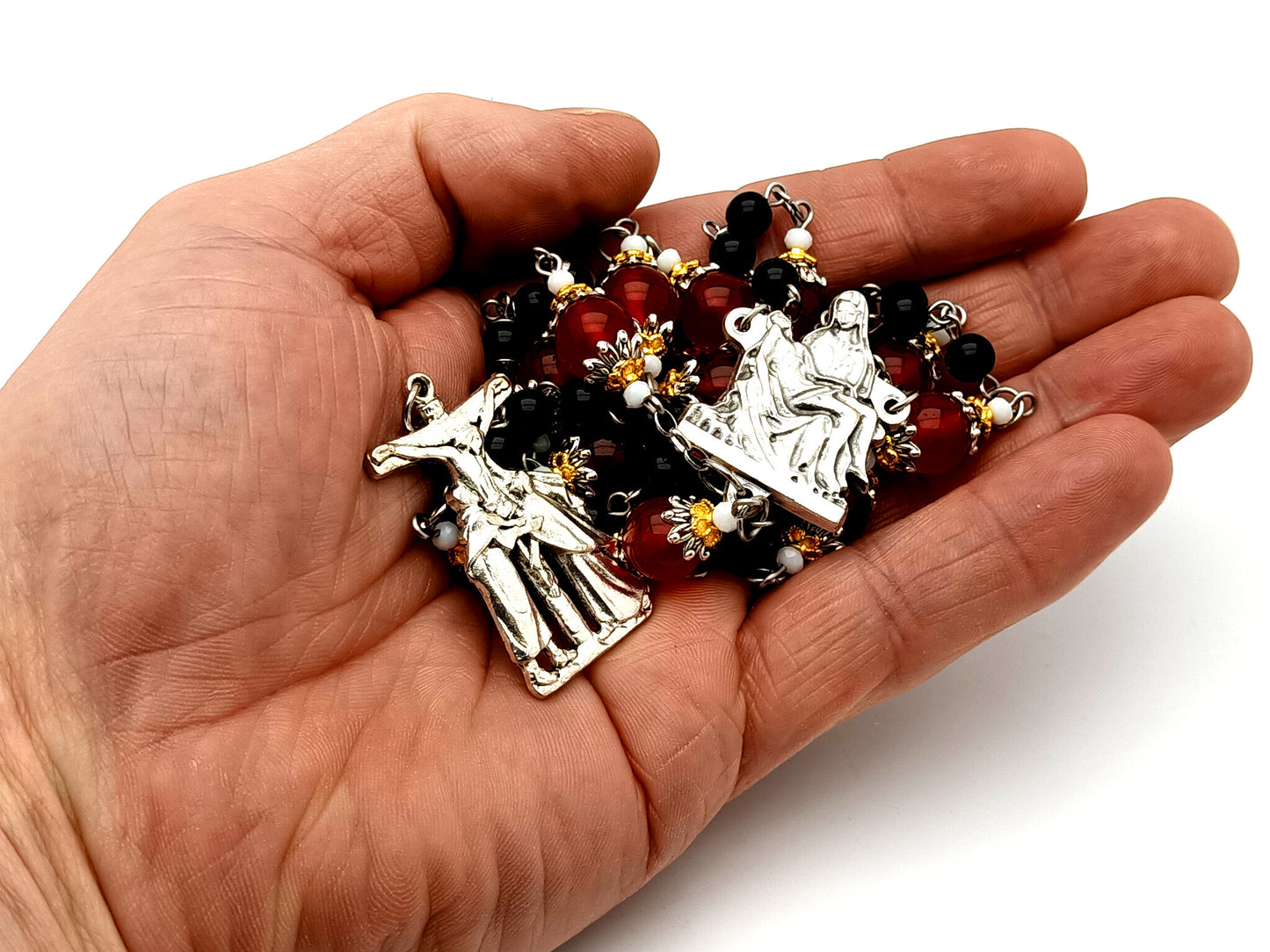 Passion of Christ unique rosary beads ruby and onyx gemstone Way of the Cross prayer chaplet with Saint John and Mary crucifix.