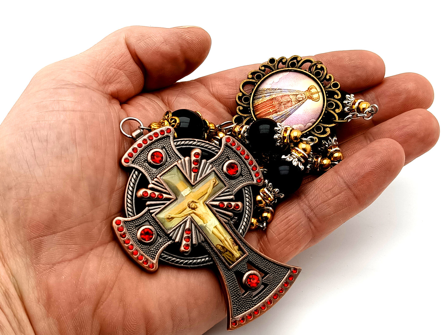 Our Lady of Charity unique rosary beads vintage style onyx gemstone single decade rosary beads with large copper picture crucifix.