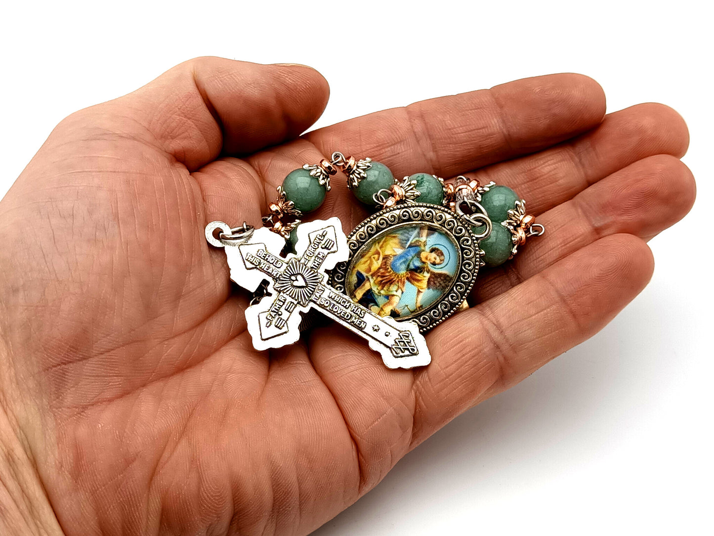 Saint Michael unique rosary beads aquamarine gemstone single decade rosary beads with pardon crucifix Holy Spirit medal.