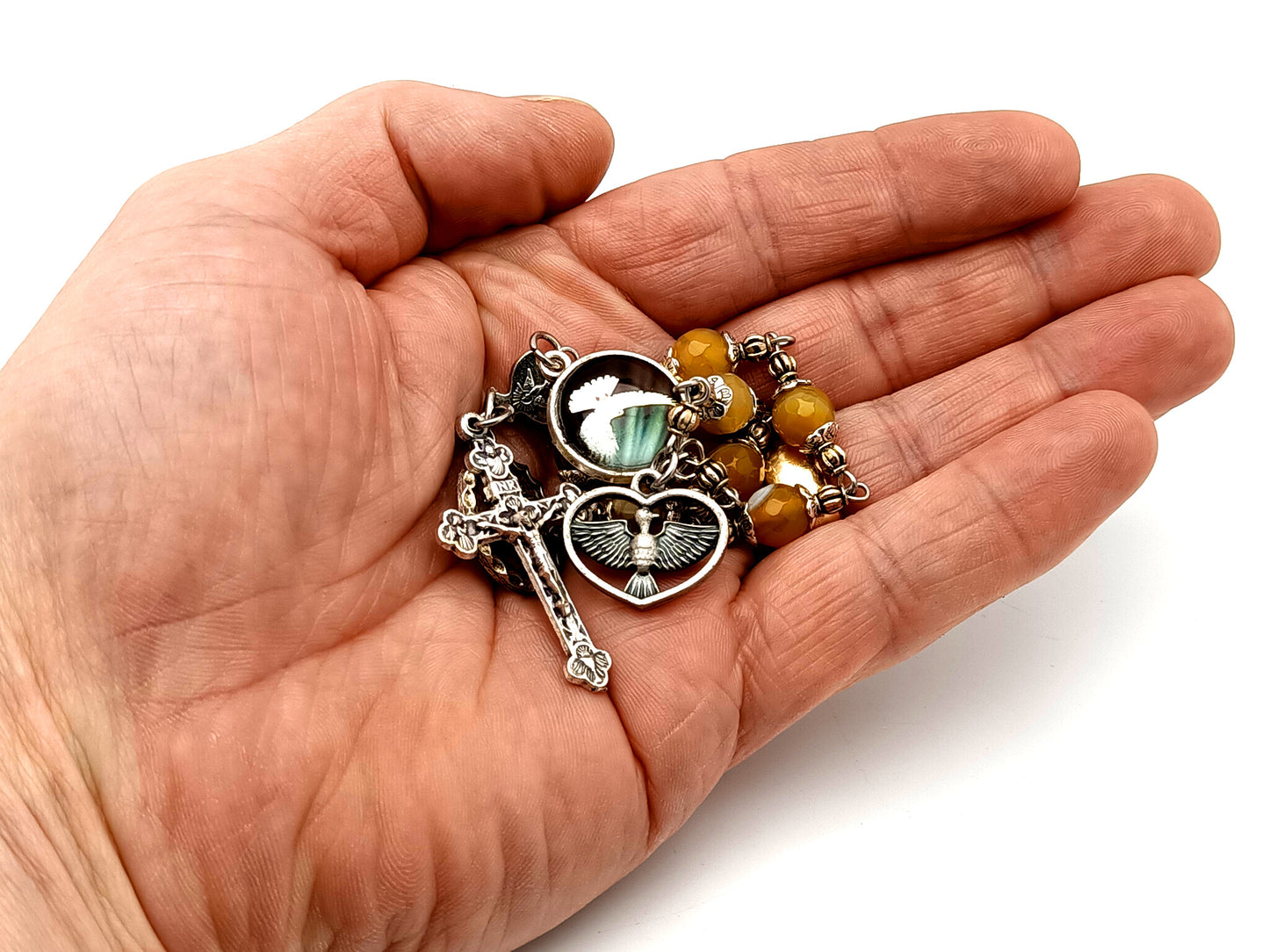Holy Spirit unique rosary beads faceted agate gemstone prayer chaplet with Holy Trinity crucifix and Holy Spirit medal.