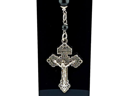 Saint Christopher unique rosary beads Three Hail Mary purse clip with onyx gemstone and pardon crucifix on lobster purse clasp.