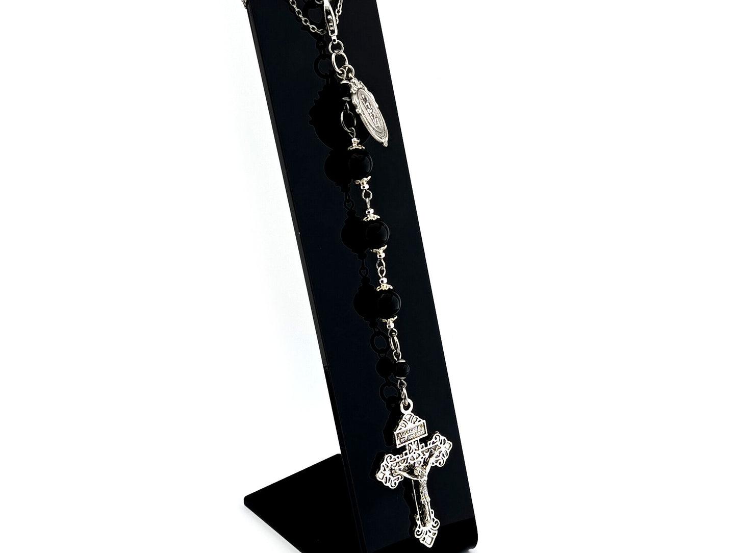 Saint Christopher unique rosary beads Three Hail Mary purse clip with onyx gemstone and pardon crucifix on lobster purse clasp.