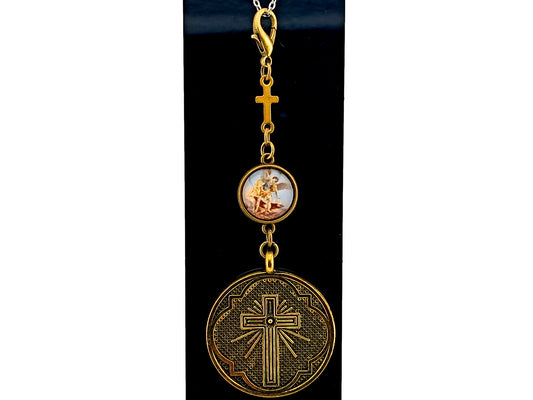 Large antique style Our Lady of Perpetual Help unique rosary beads purse clip with Saint Michael domed picture medal on lobster purse clasp.