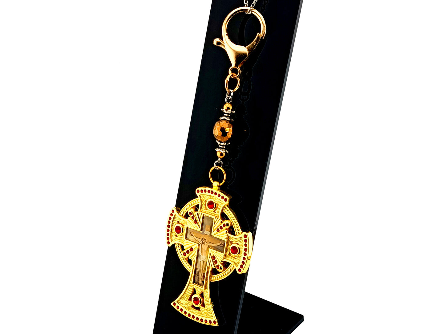 Extra large gold plated crucifix unique rosary beads purse clip with hematite gemstone on large lobster purse clasp.