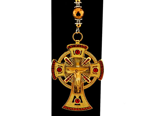 Extra large gold plated crucifix unique rosary beads purse clip with hematite gemstone on large lobster purse clasp.