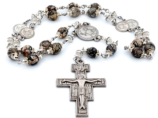 Saint Francis of Assisi unique rosary beads gemstone prayer chaplet with Saint Francis prayer crucifix and medals.