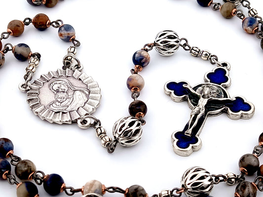 Virgin Mary and child Jesus unique rosary beads jasper gemstone rosary beads with blue enamel rose crucifix.