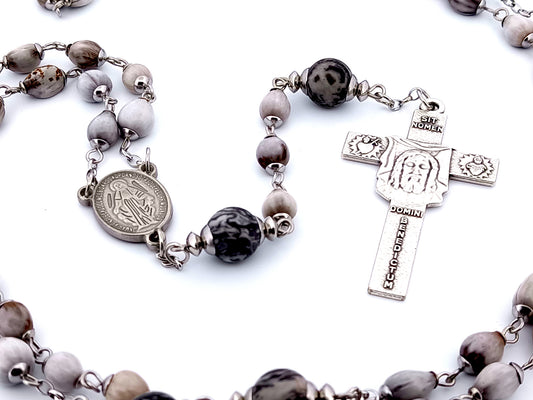 Miraculous medal unique rosary beads Jobs tears and gemstone rosary beads with Holy Face of Jesus prayer crucifix.