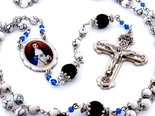 Mother Mariana de Jesus Torres unique rosary beads gemstone rosary beads with double layered scroll crucifix.
