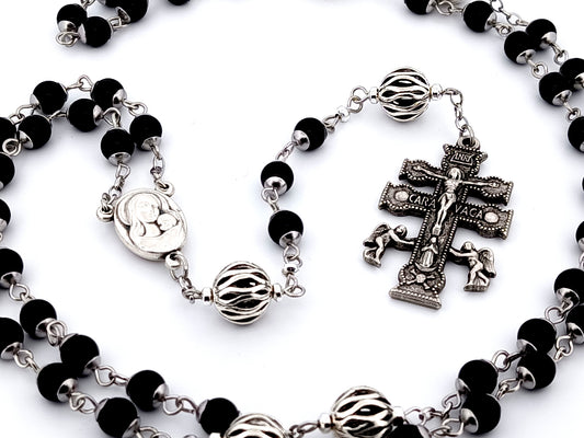 Virgin Mary unique rosary beads onyx gemstone and lattice silver rosary beads with Caravaca crucifix and Jerusalem relic medal.