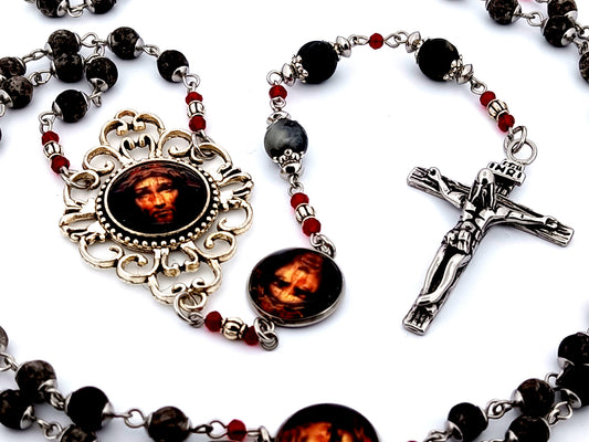 Precious Blood of Jesus unique rosary beads Jasper gemstone prayer chaplet with Holy Face of Jesus picture medals.