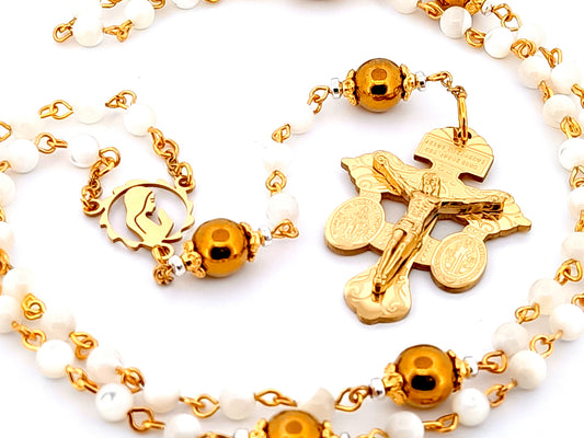Virgin Mary mother of pearl and gemstone unique rosary beads rosary beads with gold plated stainless steel Pardon crucifix.