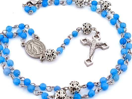 Miniature Miraculous unique rosary beads medal wearable gemstone rosary beads and mini Saint Benedict crucifix.