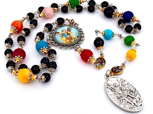 Saint Michael unique rosary beads onyx gemstone prayer chaplet with Guardian Angel medal and gemstone meditation beads.